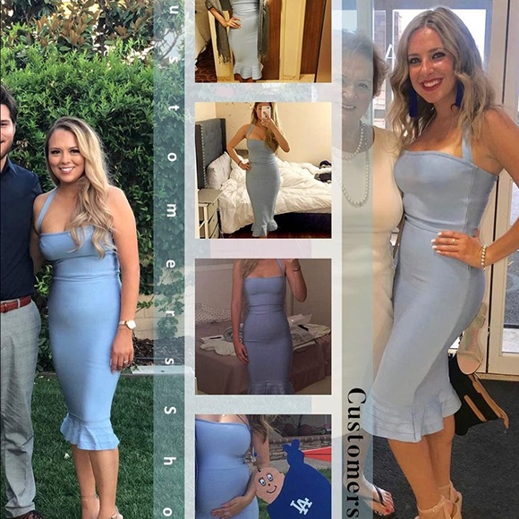 Ice Blue houstil Women's V Neck Halter Fishtail Bandage Bodycon Dress Party - Picture 2 of 4